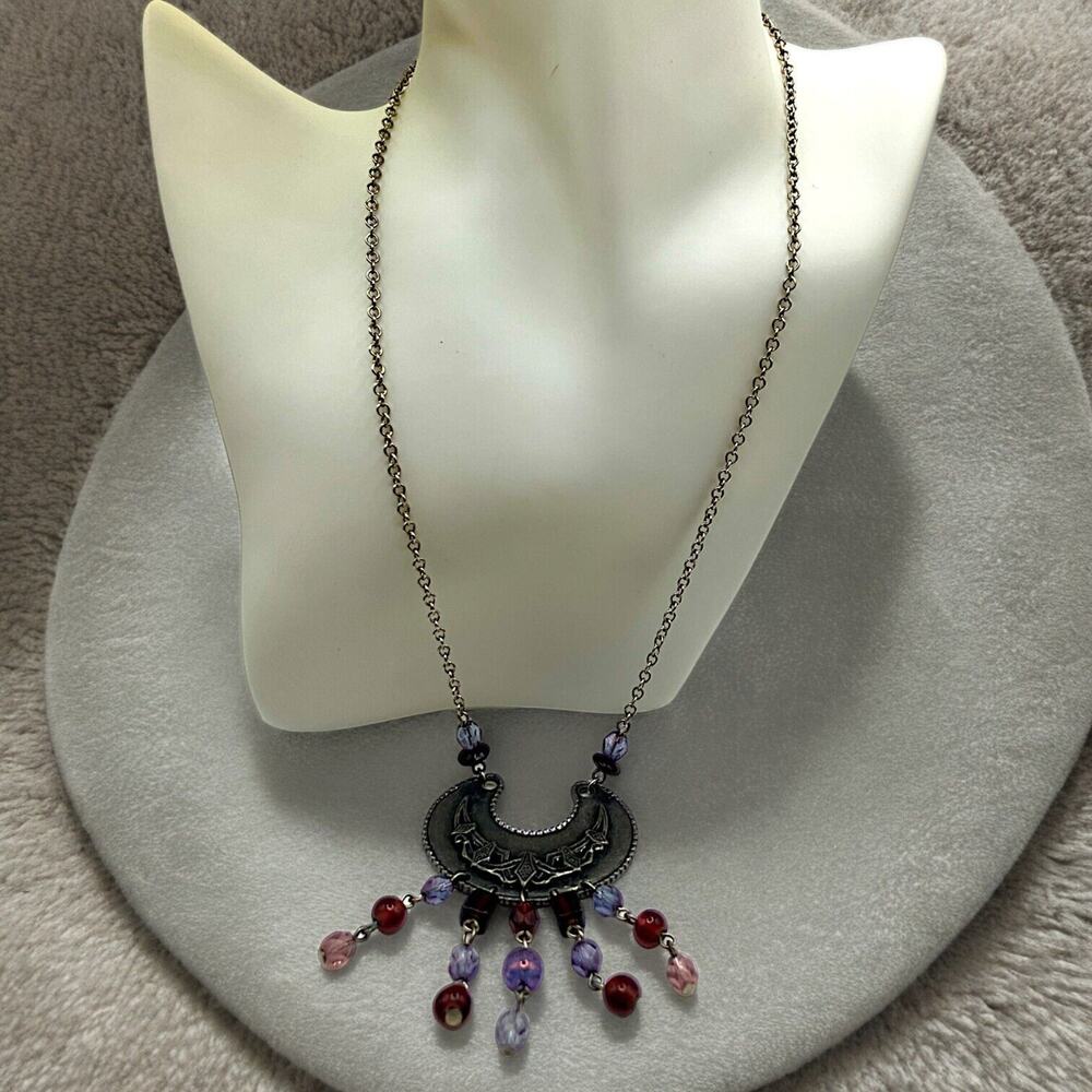 Engraved Design Crescent Moon Purple Beads Dangle Pendant 19 1/8" Necklace!